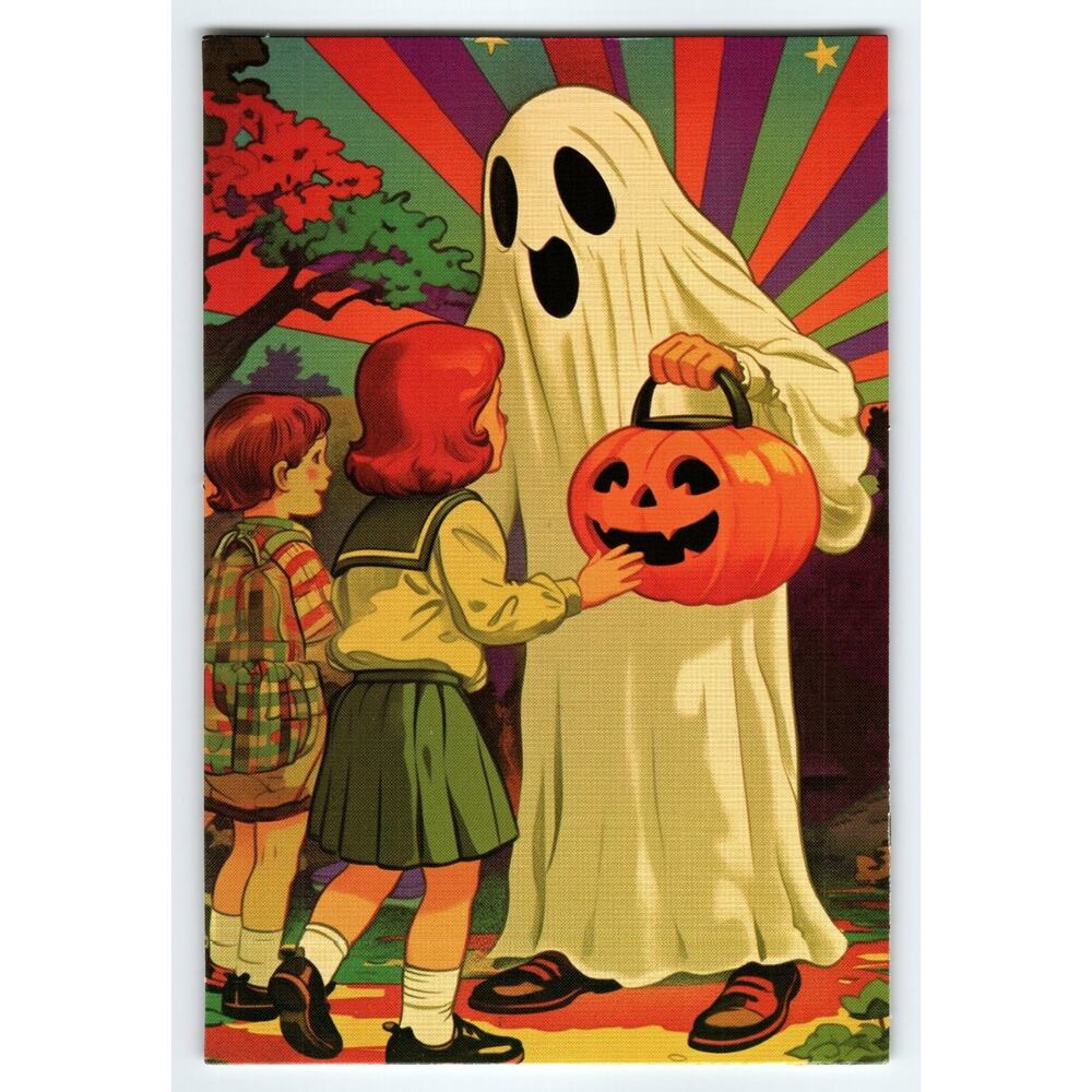 Vintage Halloween Photochrome Postcard Kids and Ghost with Pumpkin